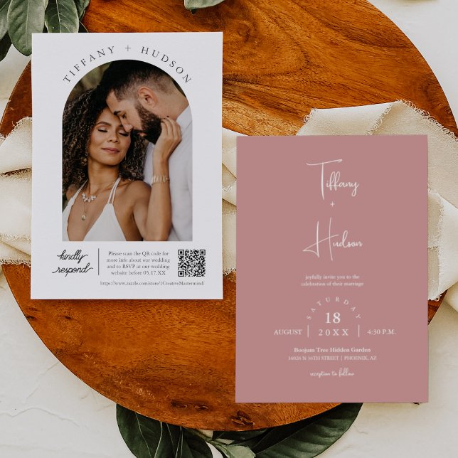 Invitación Dusty Boho rosa Boda Arco Foto QR Código RSVP (Subido por el creador)