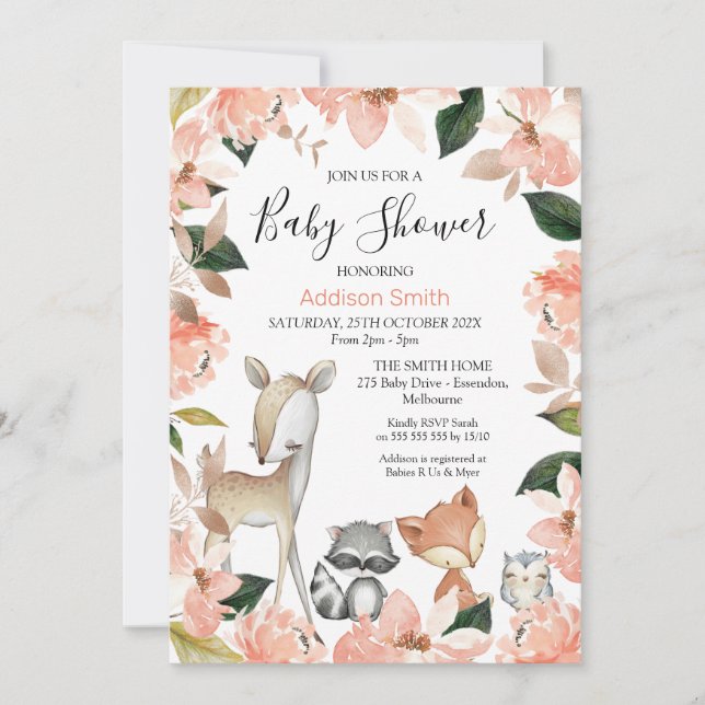 Invitación Dusty Chicas Florales Rosa Woodland Baby Shower In (Anverso)