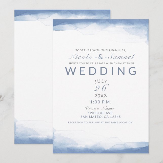 Invitación Dusty Cornflower Azul acuarela Boda moderno (Anverso / Reverso)