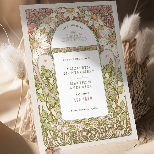 Invitación Dusty Daisies Rosados Salven la fecha Art Nouveau  (Subido por el creador)