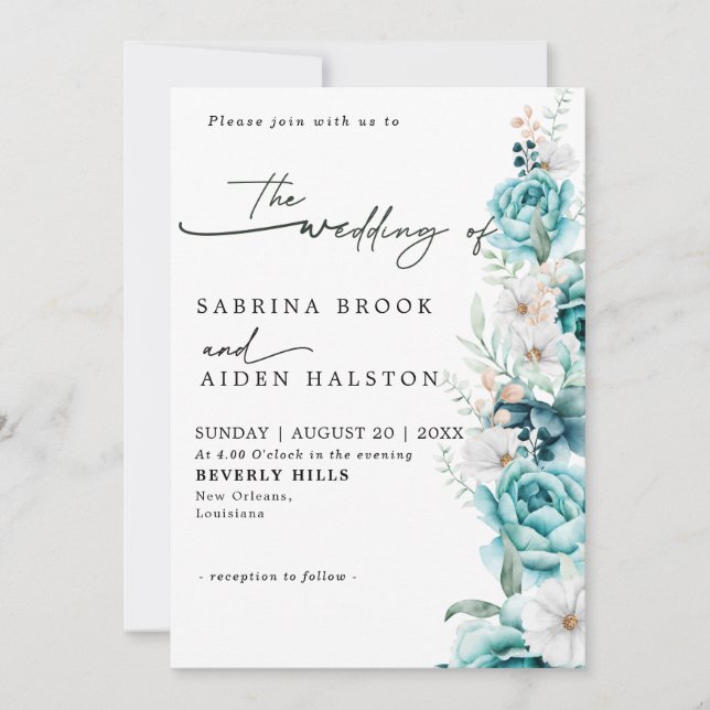 Invitación Dusty Emerald Greenery Boda Floral Blanca (Anverso)