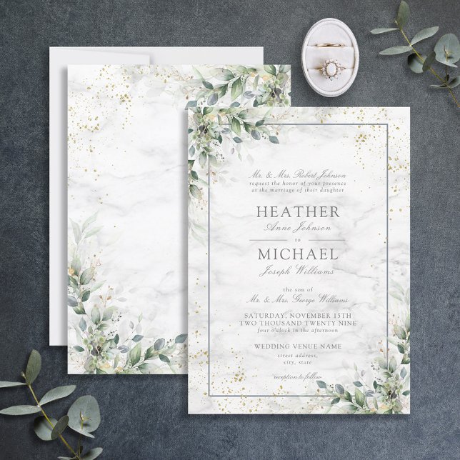 Invitación Dusty Eucalyptus Boda Botánico de Oro Verde I (Subido por el creador)
