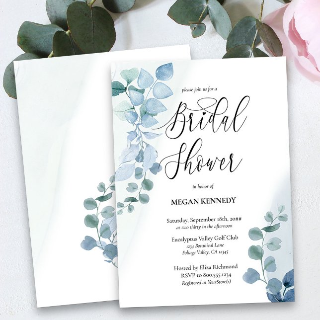 Invitación Dusty Eucalyptus Elegante Verdor Ducha Bridal (Watercolor Bridal Shower Invitation with Dusty Blue Eucalyptus)
