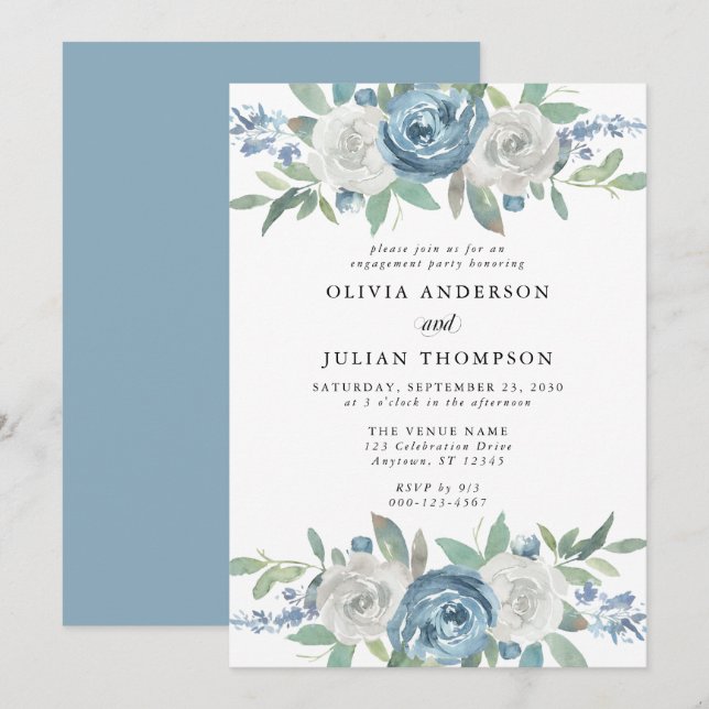 Invitación Dusty fiesta de compromiso floral azul y blanco (Anverso / Reverso)