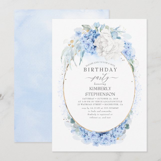 Invitación Dusty fiesta de cumpleaños floral azul y blanca (Anverso / Reverso)