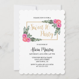 Invitación Dusty Flora Rosa Rosa Verde Dorado Dulce 16