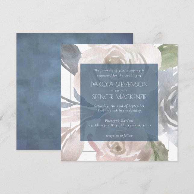 Invitación Dusty Floral | Boda Smoky Blue Pastel Bouquet (Anverso / Reverso)