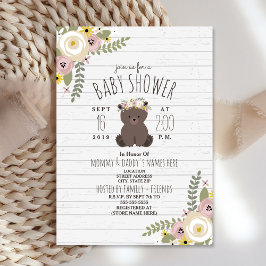 Invitación Dusty Floral Boho Bear Gray Wood Baby Shower