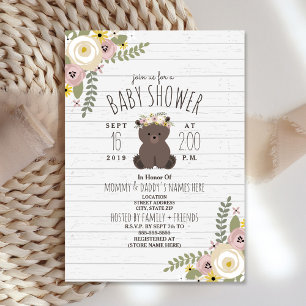 Invitación Dusty Floral Boho Bear Gray Wood Baby Shower