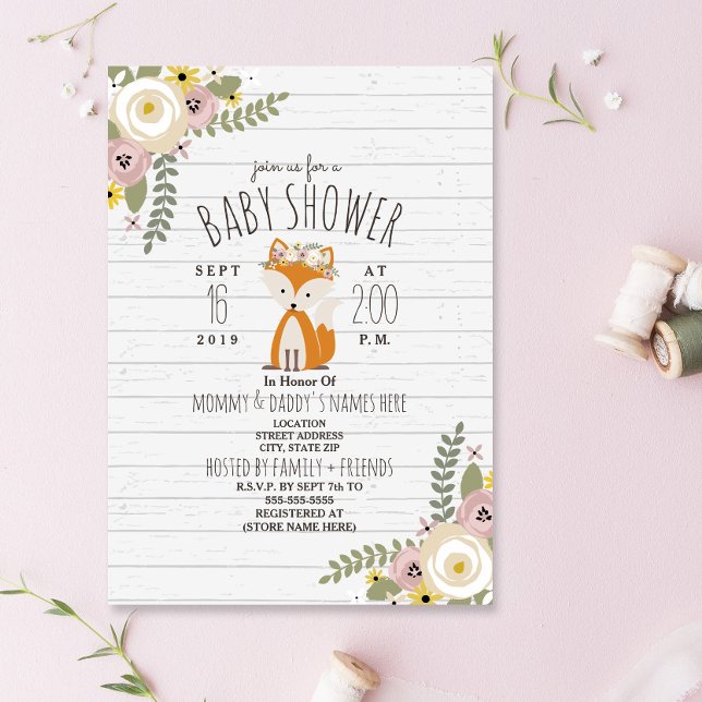 Invitación Dusty Floral Boho Fox Gray Wood Baby Shower (Subido por el creador)