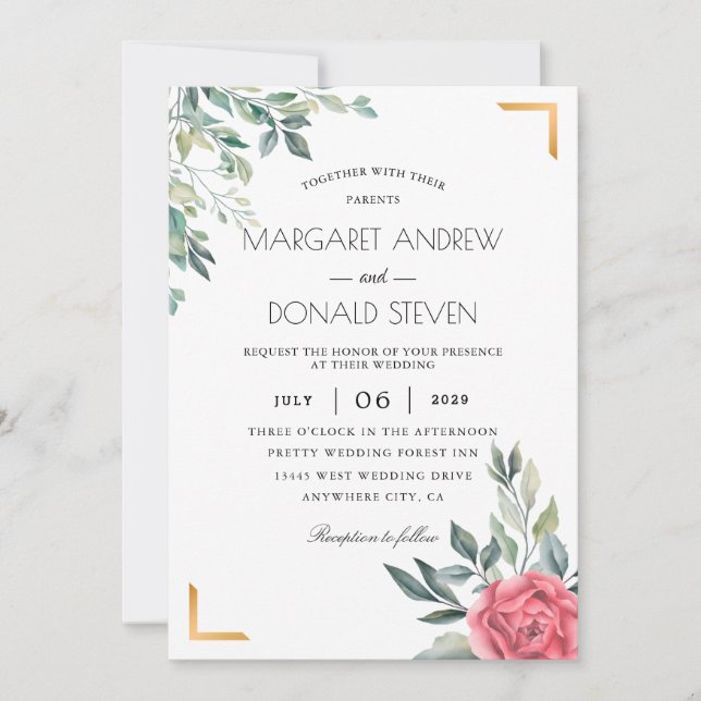 Invitación Dusty Floral con boda de marco geométrico dorado (Anverso)