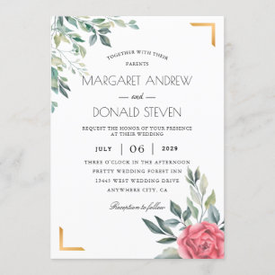 Invitación Dusty Floral con boda de marco geométrico dorado