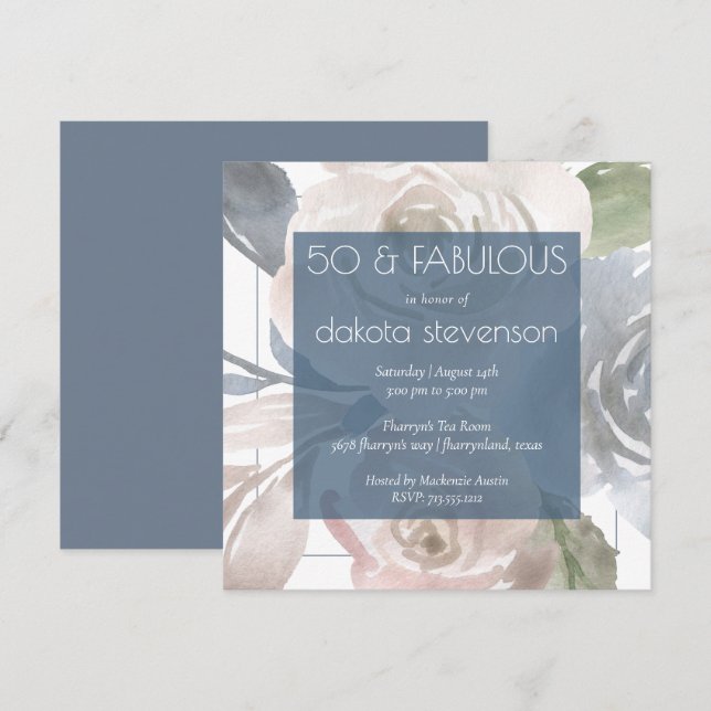 Invitación Dusty Floral | Crema azul humeante Fabulous 50 Fie (Anverso / Reverso)