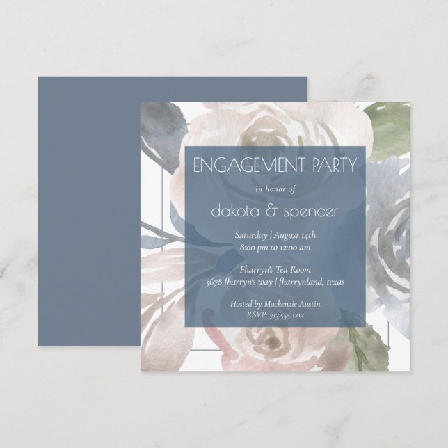 Invitación Dusty Floral | Fiesta de compromiso de crema azul  (Anverso / Reverso)