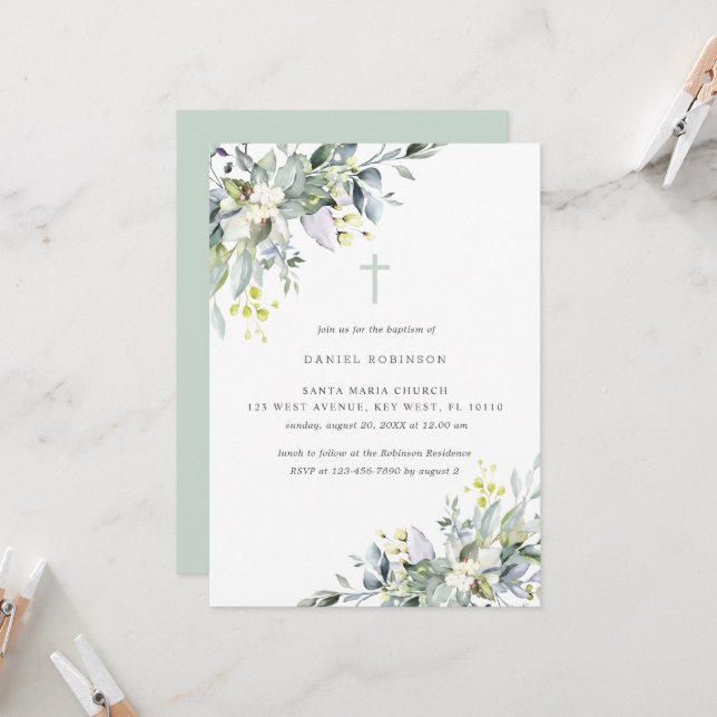 Invitación Dusty Florals suave vegetaciónInvitación al bautis (Anverso/Reverso In Situ)