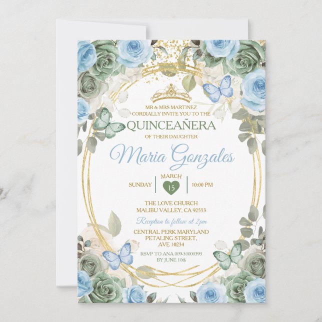 Invitación Dusty Green And Dusty Blue Floral Gold Quinceañera (Anverso)