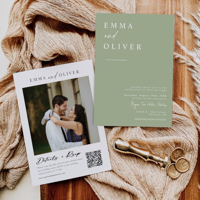 Invitación Dusty Green Boho Minimal Boda Foto Código QR (Subido por el creador)