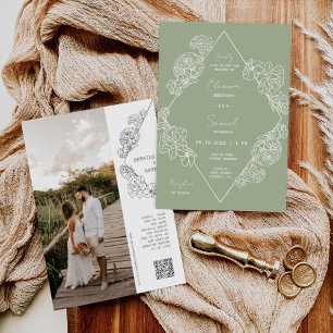 Invitación Dusty Green Botanical Line Art Boho QR Code Photo