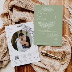 Invitación Dusty Green Botanical Line Art Boho QR Code Photo