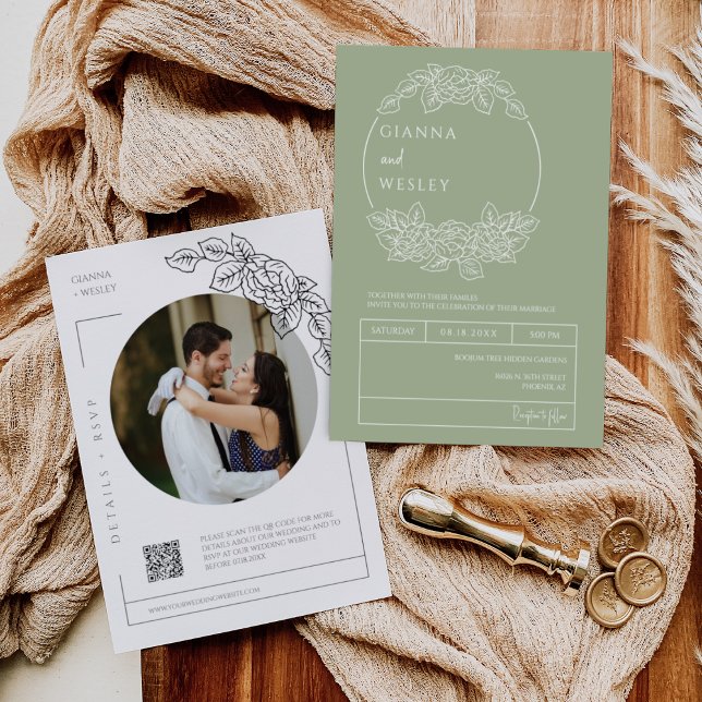 Invitación Dusty Green Botanical Line Art Boho QR Code Photo (Subido por el creador)