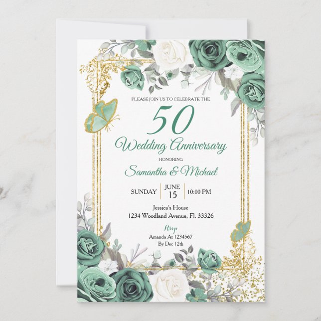 Invitación Dusty Green Floral Gold 50 Aniversario del Boda (Anverso)