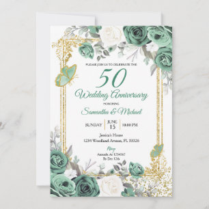 Invitación Dusty Green Floral Gold 50 Aniversario del Boda