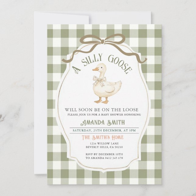 Invitación Dusty Green Gingham Goose Baby Shower (Anverso)