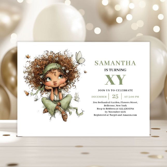 Invitación Dusty Green para el 5to Cumpleaños de C (Cute Fairy Girl 5th Birthday Dusty Green Invitation)