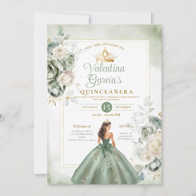 Invitación Dusty Green Quinceañera 15 Anos (Anverso)