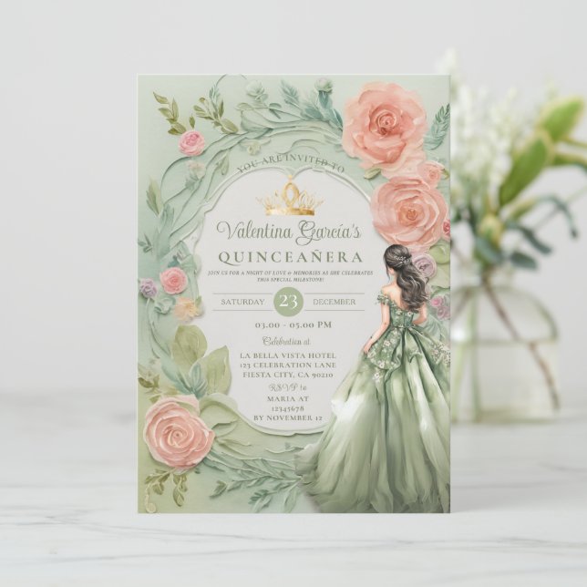 Invitación Dusty Green Quinceañera 15 Anos Flores de Oro (Anverso de pie)