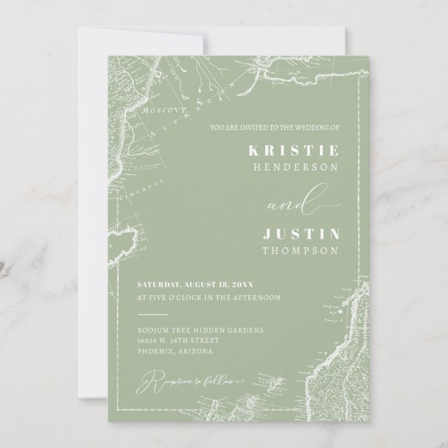 Invitación Dusty Green Retro Travel QR Code Boda de fotografí (Anverso)