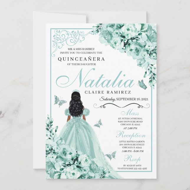 Invitación Dusty Green Rosas Princess Vestido Quinceanera (Anverso)