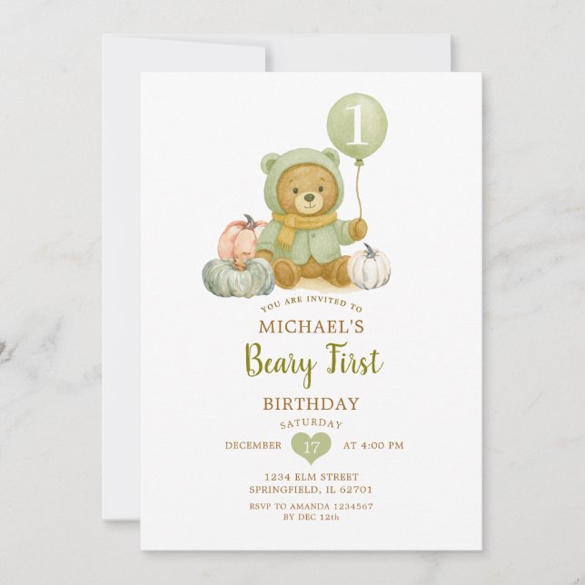 Invitación Dusty Green Sage Fall Beary First Birday (Anverso)