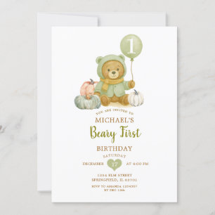 Invitación Dusty Green Sage Fall Beary First Birday
