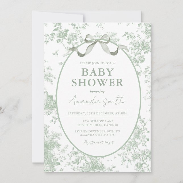 Invitación Dusty Green Sage Floral Toile Baby Shower Floral (Anverso)