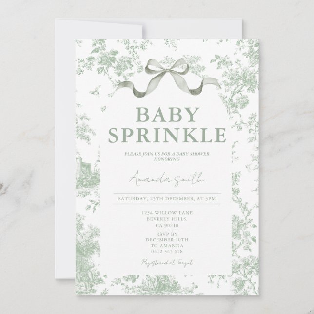 Invitación Dusty Green Sage Floral Toile Baby Sprinkle Floral (Anverso)