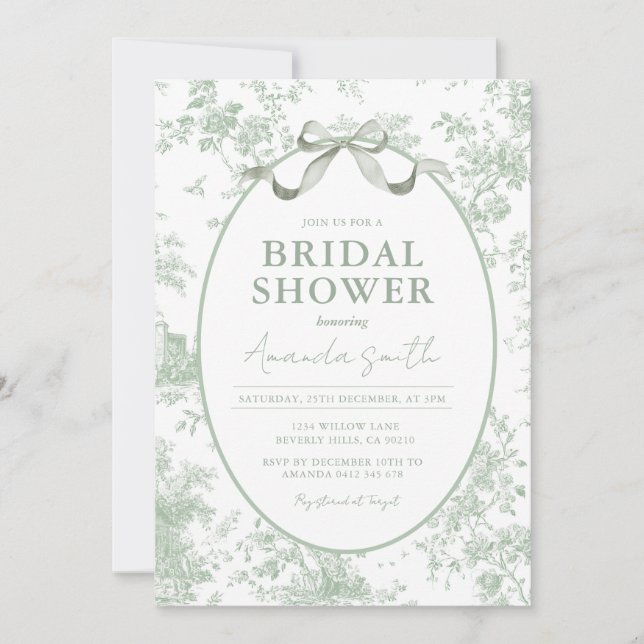 Invitación Dusty Green Sage Floral Toile Bridal Shower (Anverso)