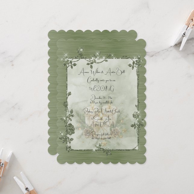 Invitación Dusty Green Shiny Elegant Sparkly Frame Wedding (Anverso/Reverso In Situ)