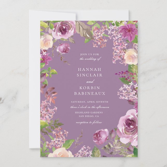 Invitación Dusty Lavender Boda Purple Floral (Anverso)