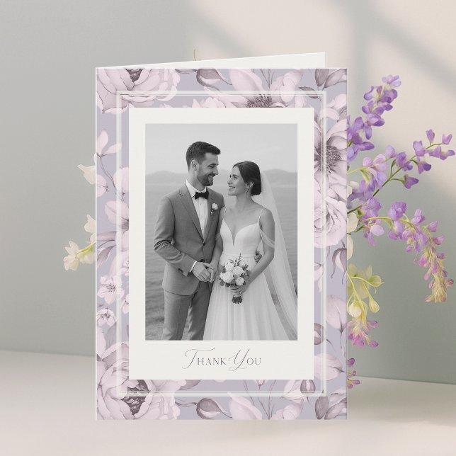 Invitación Dusty Lavender Floral Wedding Photo Thank You Card (Subido por el creador)