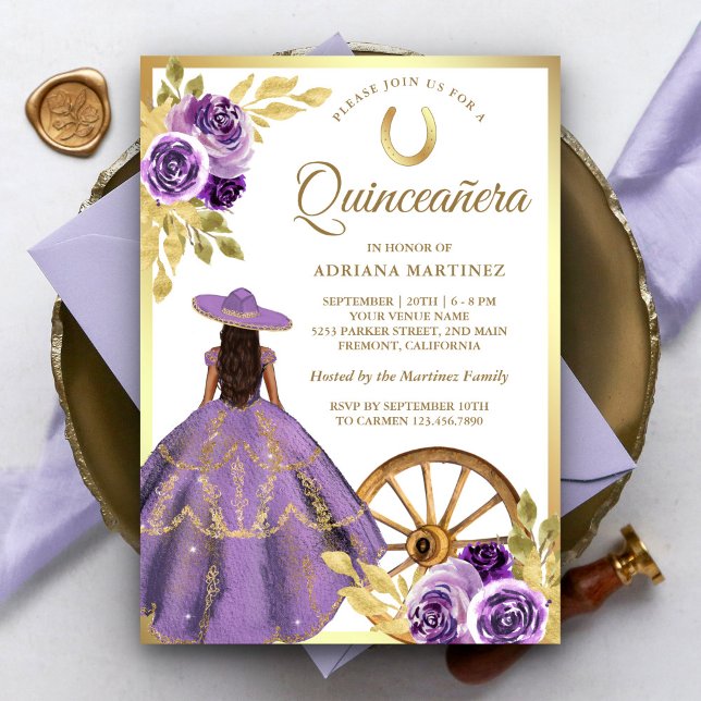 Invitación Dusty Lilac Vestido Floral Charro Gold Quinceanera (Subido por el creador)