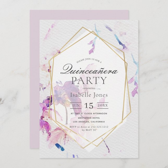 Invitación Dusty Lilac Watercolor Floral Quinceañera (Anverso / Reverso)