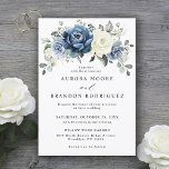 Invitación Dusty Marina Azul Champagne Boda de marfil<br><div class="desc">Invitación a la boda con flores de un azul oscuro, con un elegante ramo de azul marino, azul real, blanco , dorado, marfil de champán, rosa de color rubor , flores de ranunculus y hojas de eucalipto verde salado y elegante ramo de acuarela. Comuníquese conmigo para obtener ayuda sobre la...</div>