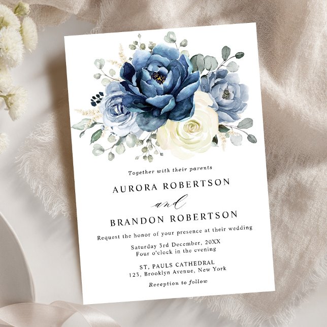 Invitación Dusty Marina Azul Champagne Boda de marfil (Dusty Blue Navy Champagne Ivory Floral Wedding Invitation)