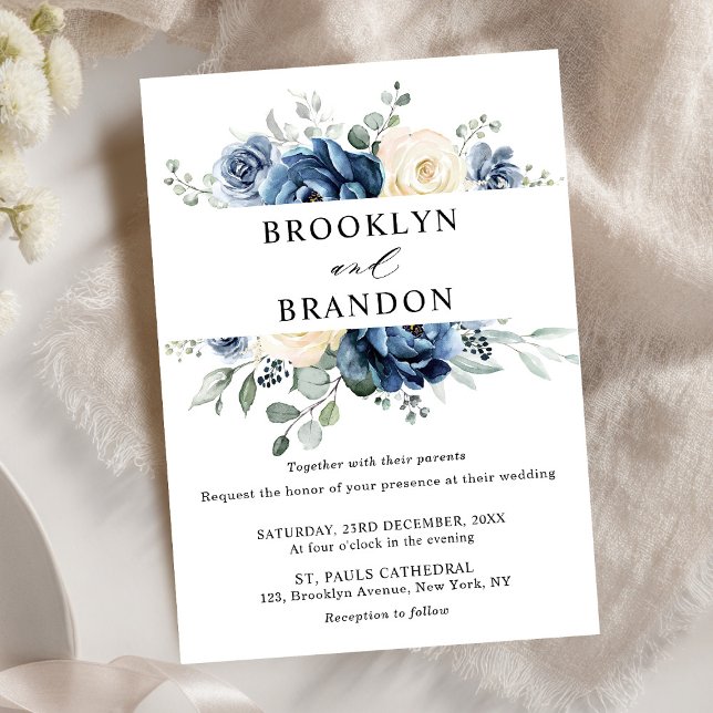 Invitación Dusty Marina Azul Champagne Boda de marfil (Dusty Blue Navy Champagne Ivory Floral Wedding Invitation)