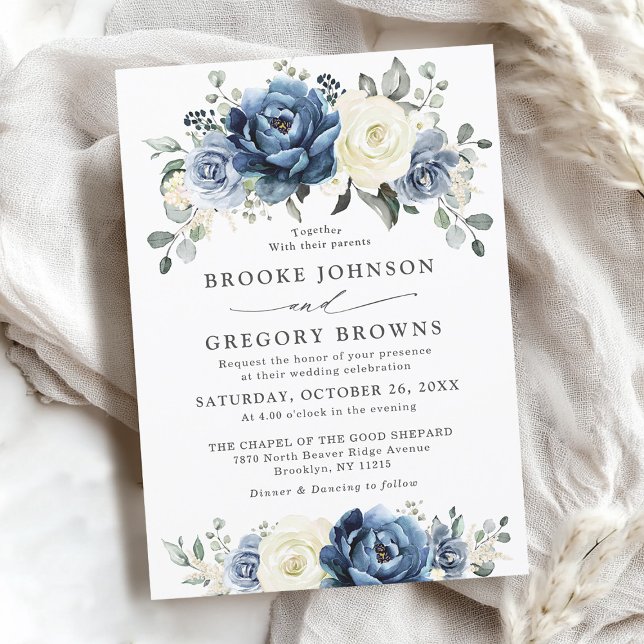 Invitación Dusty Marina Azul Champagne Boda de marfil (Dusty Blue Navy Champagne Ivory Floral Wedding Invitation)