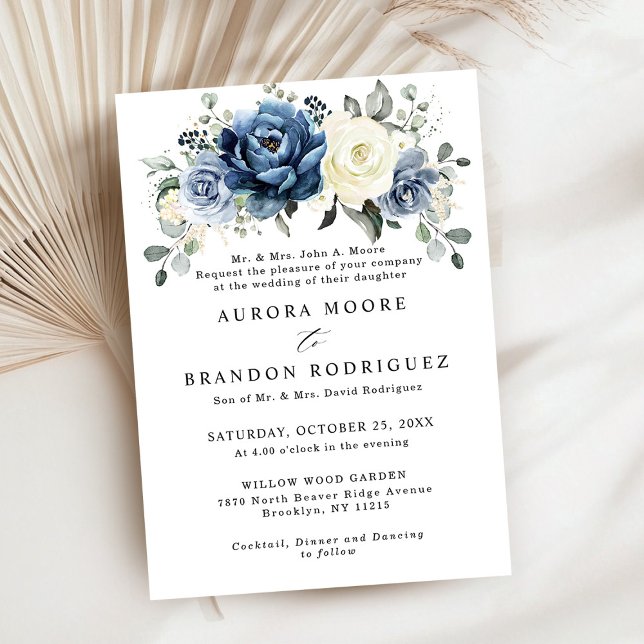 Invitación Dusty Marina Azul Champagne Boda Floral De Marfil  (Dusty Blue Navy Champagne Ivory Floral Wedding Invitation)