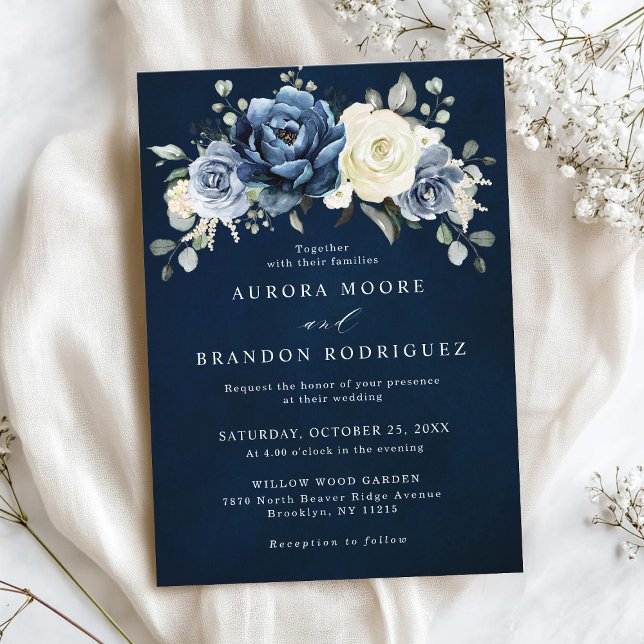 Invitación Dusty Marina Azul Champagne Boda Floral De Marfil  (Dusty Blue Navy Champagne Ivory Floral Wedding Invitation)