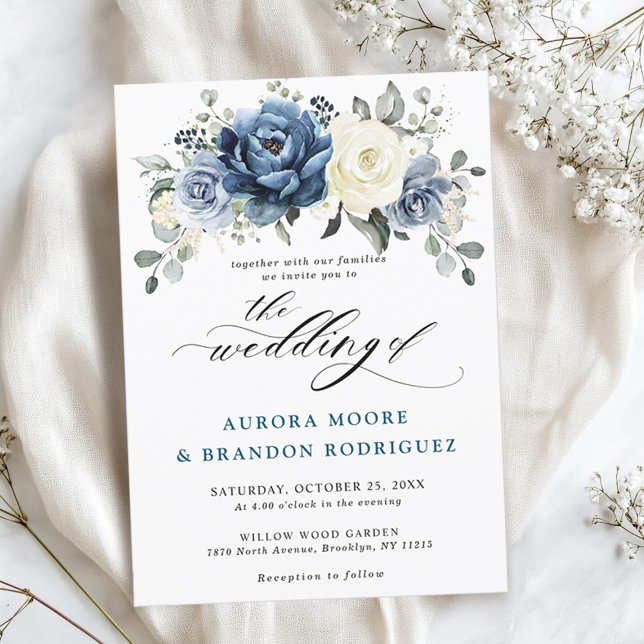 Invitación Dusty Marina Azul Champagne Boda Floral De Marfil  (Dusty Blue Navy Champagne Ivory Floral Wedding Invitation)