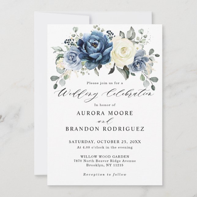 Invitación Dusty Marina Azul Champagne Boda Floral De Marfil  (Anverso)